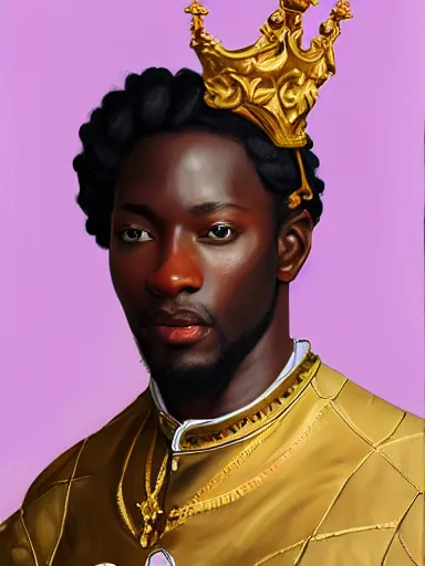 Image similar to rococo portrait of a black prince wearing a golden crown with pastel flowers, symmetrical, realistic, 8 k, artstation, digital painting, art by krenz cushart, kehinde wiley, artgem