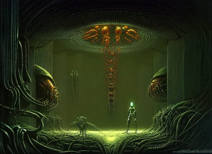 Prompt: metroid torizo dark scifi cave overgrown ruins dark spectral cavern light shafts moist damp wet enigmatic atmosphere in the style of zdzisław beksinski and h. r. giger