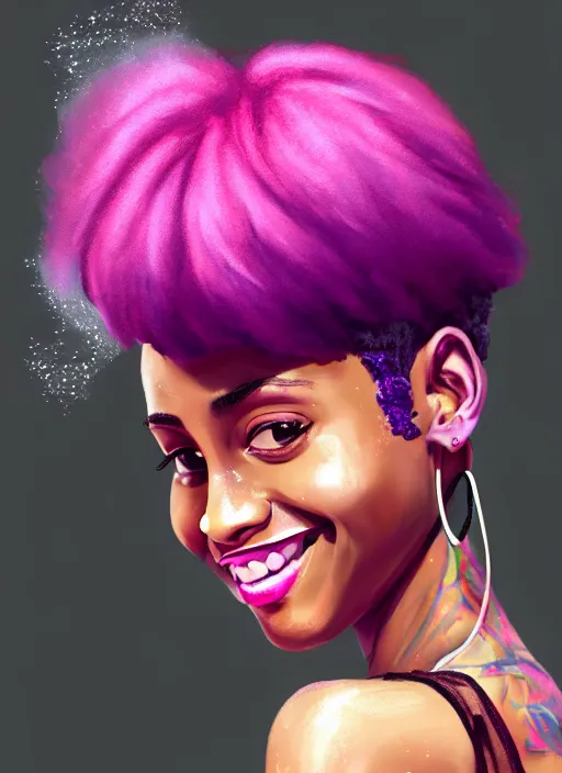 Prompt: portrait of young vanessa morgan with bright pink hair, black girl, vanessa morgan, curly pixie cut hair, wearing a purple newsboy cap, breton cap, confident smile, hoop earrings, intricate, elegant, glowing lights, highly detailed, digital painting, artstation, concept art, smooth, sharp focus, illustration, art by wlop, mars ravelo and greg rutkowski