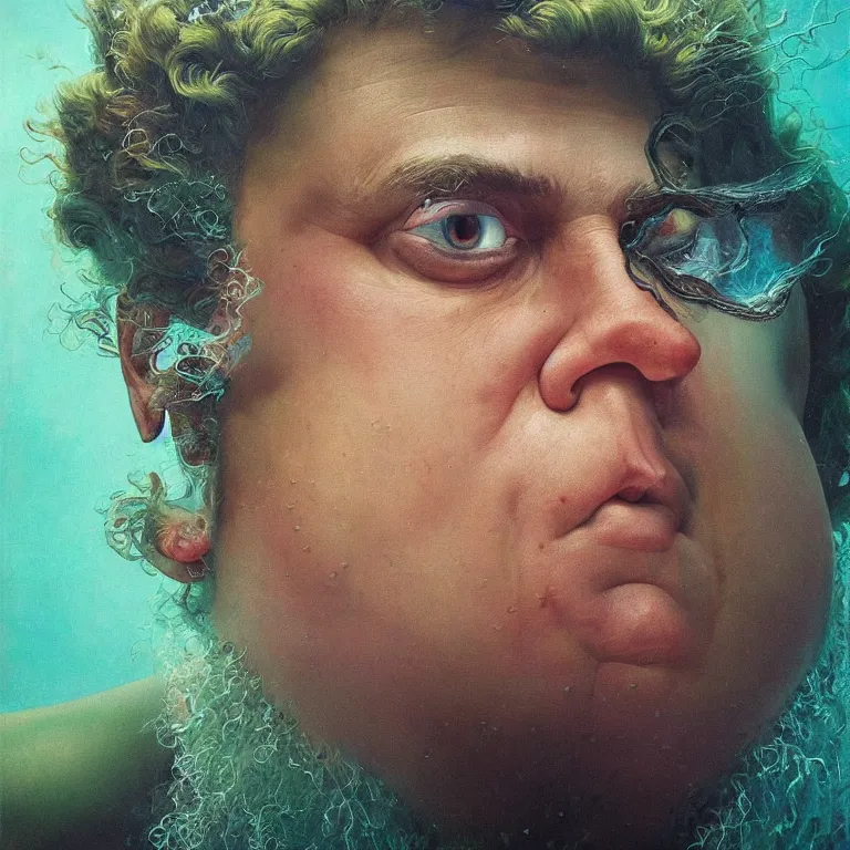 Image similar to Hyperrealistic intensely colored close up studio Photograph portrait of a deep sea bioluminescent Jonah Hill, symmetrical face realistic proportions eye contact, sitting in His throne underwater, award-winning portrait oil painting by Norman Rockwell and Zdzisław Beksiński vivid colors high contrast hyperrealism 8k