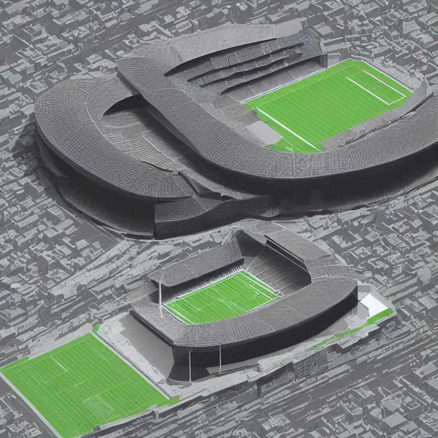 Prompt: architectural model, isometric view, 3 d render, studio lighting, low contrast, dark background, highly detailed, single building, single plot, stadium, tree