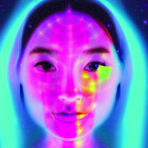 Image similar to a digital painting of a woman's face with colorful lights in the background, a hologram by li shida, featured on pixiv, holography, irridescent, holographic, psychedelic