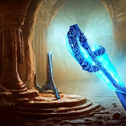 Image similar to fantasy movie scene greg rutkowski digital painting of an ornate and royal egyptian antechamber tomb with a close - up of an old twisted wooden staff weapon with a blue crystal at it's tip laying on a stone altar, unreal engine, hyper realism, realistic shading, cinematic composition, blender render, octane render, hdr, detailed textures, photorealistic, 3 5 mm film