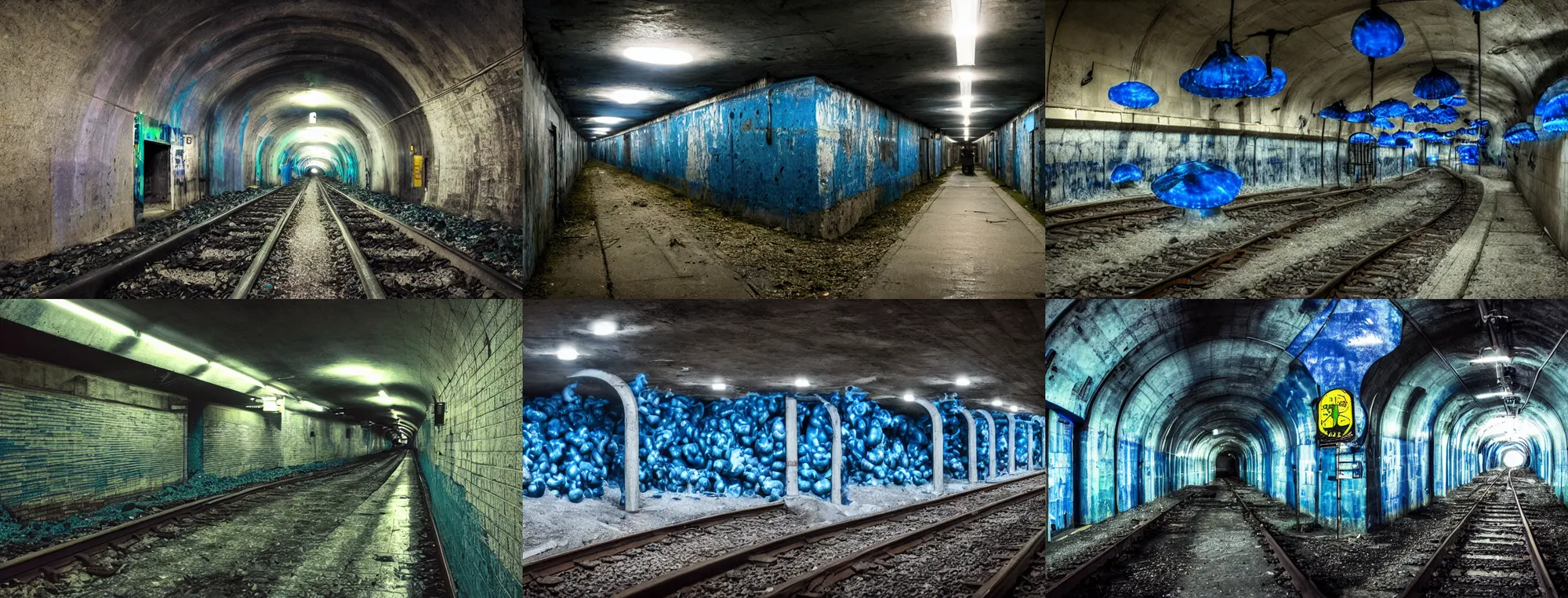 Prompt: subway tunnel, creepy, abandoned, radioactive blue mushrooms, low brightness