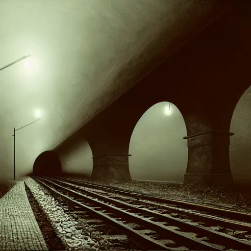 Image similar to an old train in tunnel by Aron Wiesenfeld and beksincki, cinematic, detailed illustration, nature, fog, dark colors, suspense, intricate, 8k