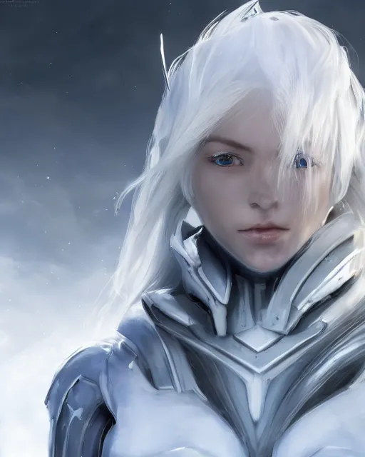 Prompt: perfect white haired girl, warframe armor, beautiful, dreamy, pretty face, blue eyes, portrait, detailed, windy weather, scifi, utopian architecture in the background, laboratory, 4 k, ultra realistic, aura of light, cinematic, high detail, masterpiece, art by akihito tsukushi, akasuki brightmind