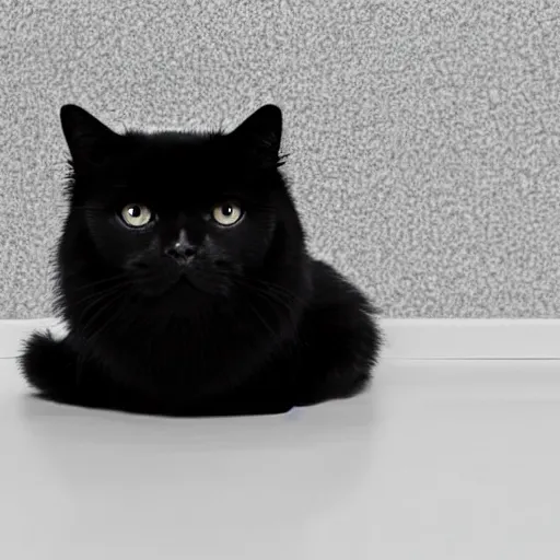 Prompt: national geographic photograph of a black longhair cat sitting in a white room