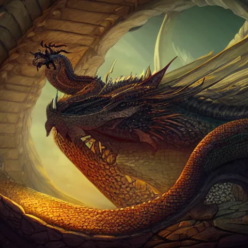 Prompt: the dragon sleeps on its piles of treasures, trending on artstation, award winning, highly detailed, dramatic lighting, 4 k