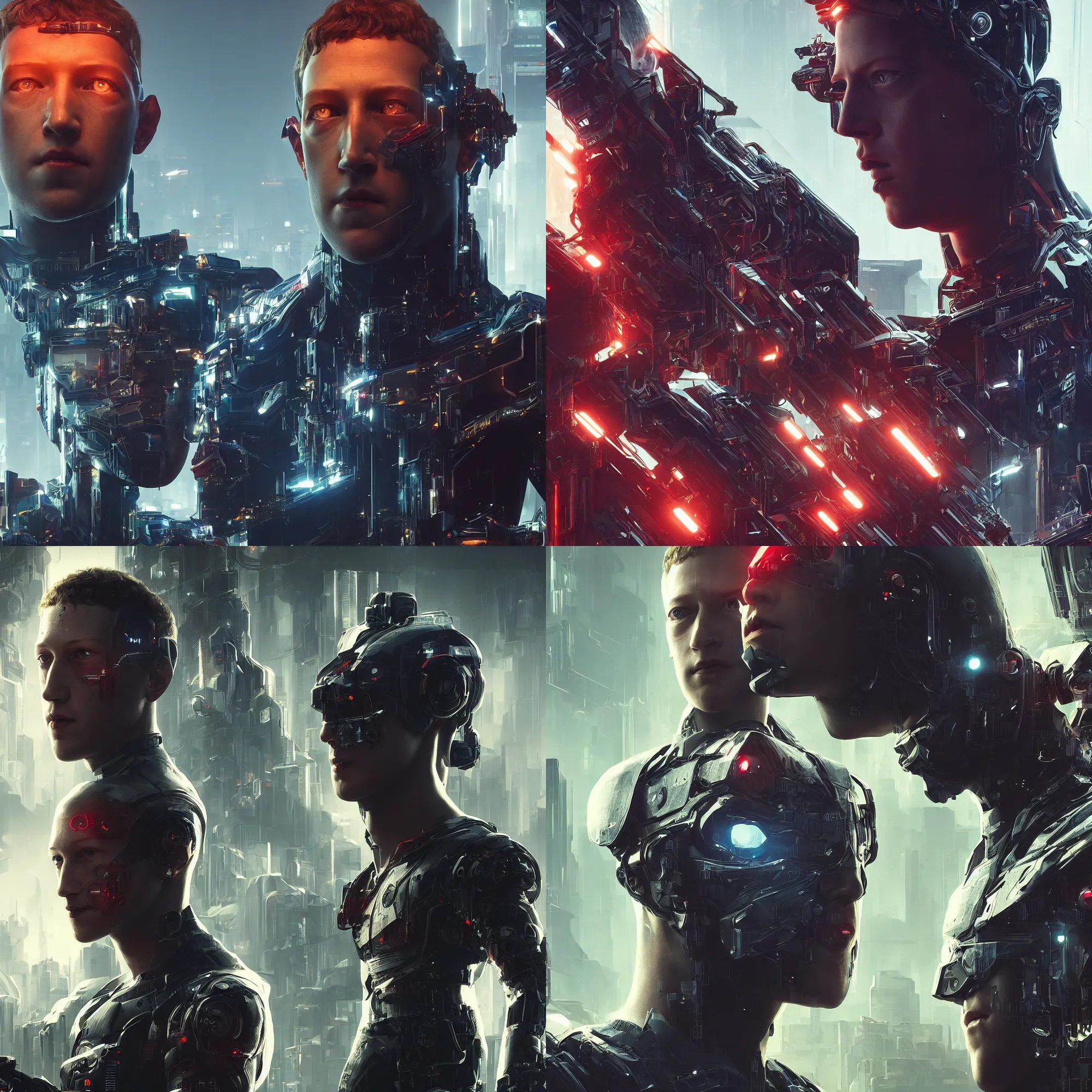 Prompt: imposing, ominous frontal portrait of cyborg Mark Zuckerberg as a cyberpunk 2077 loading screen, symmetry, front view, intricate, studio, art by anthony macbain + greg rutkowski + alphonse mucha, concept art, 4k, sharp focus