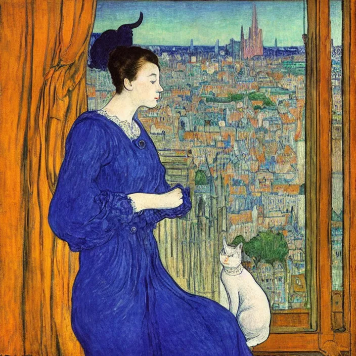 Prompt: portrait of woman in night gown with cat, with city with gothic cathedral seen from a window frame with curtains. sunset. lapis - lazuli, malacchite, turquoise, indigo. lucas cranach, bonnard, henri de toulouse - lautrec, utamaro, matisse, monet