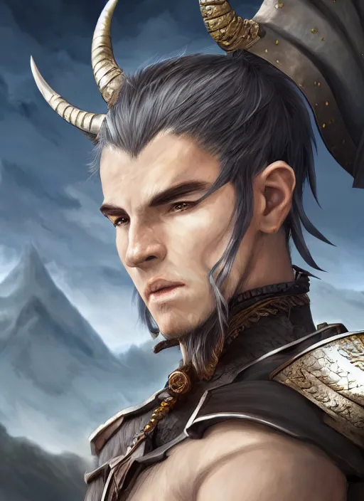 Prompt: handsome young warrior, clean - shaven, horns, pointy ears, long hair, epic landscape, realistic anime, highly detailed, unreal engine 5, 8 k, digital fantasy illustration, by rossdraws, by heise jinyao, by heise - lian yan fang, by feimo, sharp focus, octane render, trending on artstation,