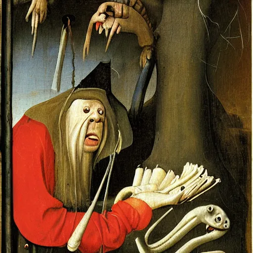 Image similar to richard scary lowly worm by Hieronymus Bosch, painting museum catalog