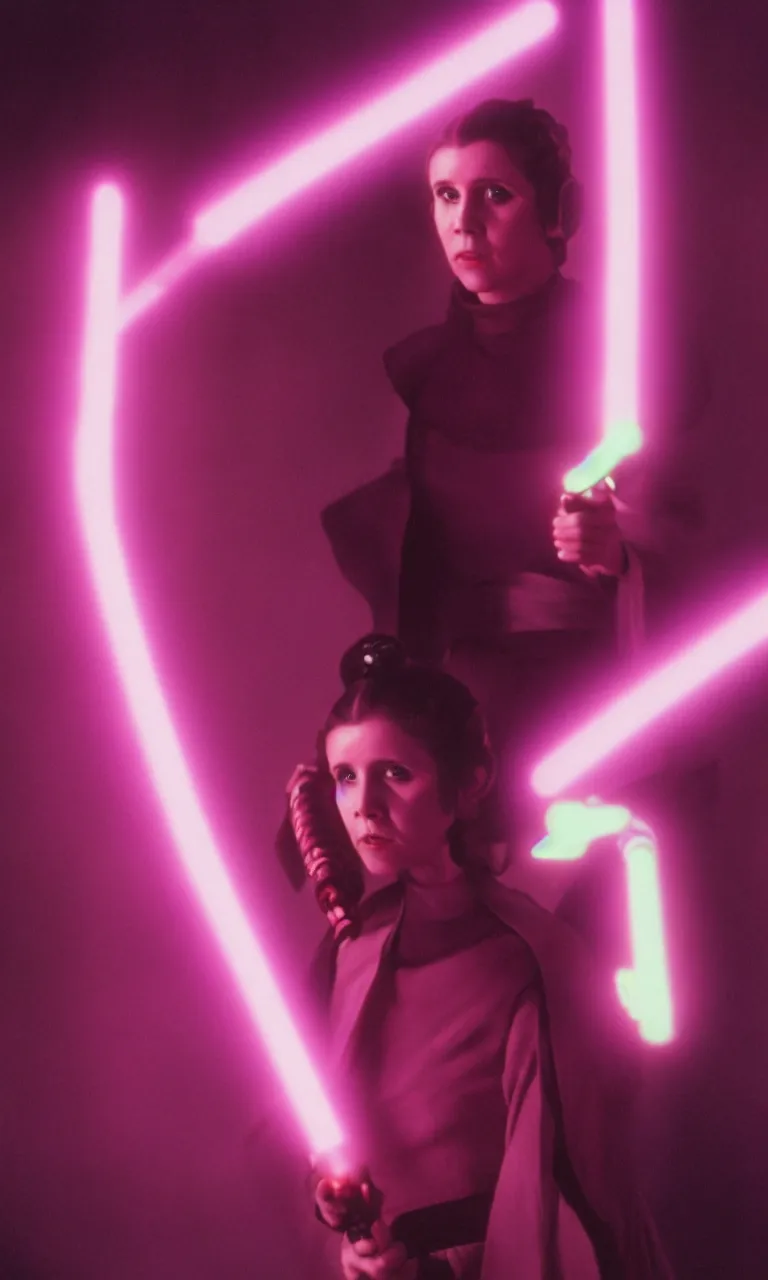 Prompt: Princess Leia wielding a fuchsia light saber, ambient lighting, 8k, 35mm film still from Star Wars