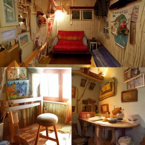 Image similar to the inside of a small cottage, studio ghibli, small details, cozy atmosphere, warm lighting