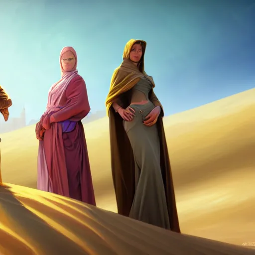 Prompt: three robed women on a sand dune, realistic, female, city in background, D&D, fantasy, intricate, elegant, highly detailed, digital painting, artstation, octane render, concept art, matte, sharp focus, illustration, hearthstone, shallow depth of field, dramatic lighting, art by Artgerm and Greg Rutkowski and Alphonse Mucha