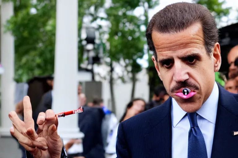 Image similar to hunter biden smoking crack pipe. wide angle view