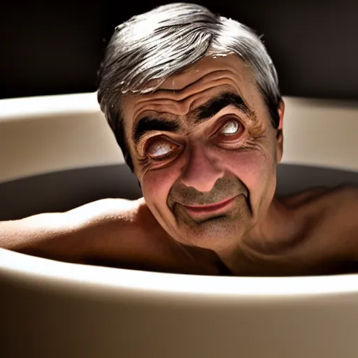 Prompt: photographic portrait by Annie Leibovitz of mr bean in a hot tub, closeup, foggy, sepia, moody, dream-like, sigma 85mm f/1.4, 15mm, 35mm, 4k, high resolution, 4k, 8k, hd, full color