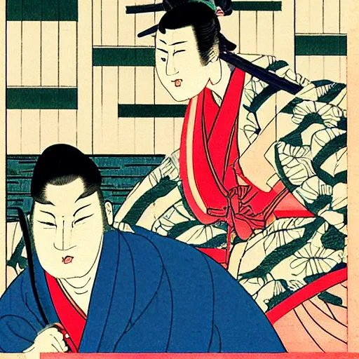 Prompt: Ukiyo-e GTA Vice City on Playstation, where Ukiyo-e[a] is a genre of Japanese art which flourished from the 17th through 19th centuries. Its artists produced woodblock prints and paintings of such subjects as female beauties; kabuki actors and sumo wrestlers; scenes from history and folk tales; travel scenes and landscapes; flora and fauna; and erotica. The term ukiyo-e (浮世絵) translates as picture[s] of the floating world. Playstation is: The PlayStation 2 (PS2) is a home video game console developed and marketed by Sony Computer Entertainment. It was first released in Japan on 4 March 2000, in North America on 26 October 2000, in Europe on 24 November 2000, and in Australia on 30 November 2000. It is the successor to the original PlayStation, as well as the second installment in the PlayStation brand of consoles. As a sixth-generation console, it competed with Sega's Dreamcast, Nintendo's GameCube, and Microsoft's Xbox. GTA Vice City is: Grand Theft Auto: Vice City is a 2002 action-adventure game developed by Rockstar North and published by Rockstar Games. It is the fourth main entry in the Grand Theft Auto series, following 2001's Grand Theft Auto III, and the sixth instalment overall. Set in 1986 within the fictional Vice City (based on Miami and Miami Beach), the single-player story follows mobster Tommy Vercetti's rise to power after being released from prison and becoming caught up in an ambushed drug deal. While seeking out those responsible, he slowly builds a criminal empire by seizing power from other criminal organisations in the city.