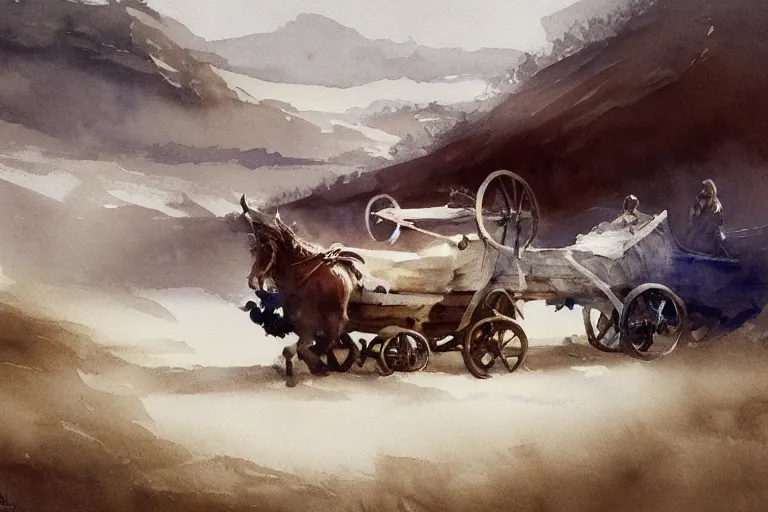 Prompt: small centered on white watercolor paper, paint brush strokes, abstract watercolor painting of viking wagon, midday sharp light, dust, cinematic light, american romanticism by hans dahl, by jesper ejsing, by anders zorn, by greg rutkowski, by greg manchess, by tyler edlin