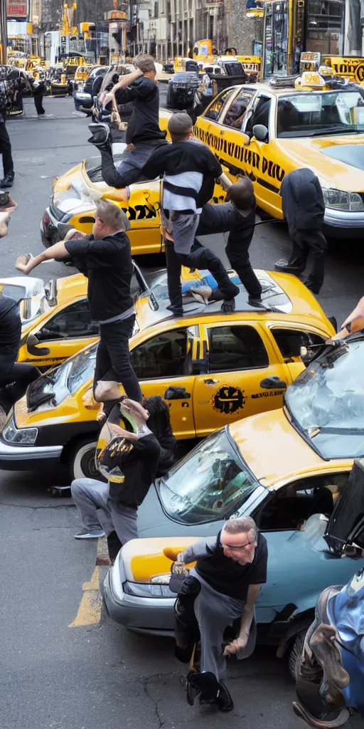 Prompt: of a punk Rock trumpet player really getting into a solo onto of a pile of taxi cars