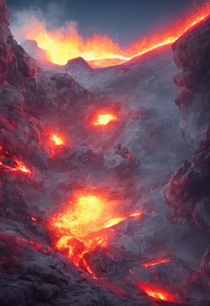 Prompt: being ejected from an active volcano. matte painting comic book art, cinematic, highly detailed, realistic, beautiful cosmic neural network, octane render, unreal engine, depth of field, trending on artstation, sharp focus, philosophical splashes of colors