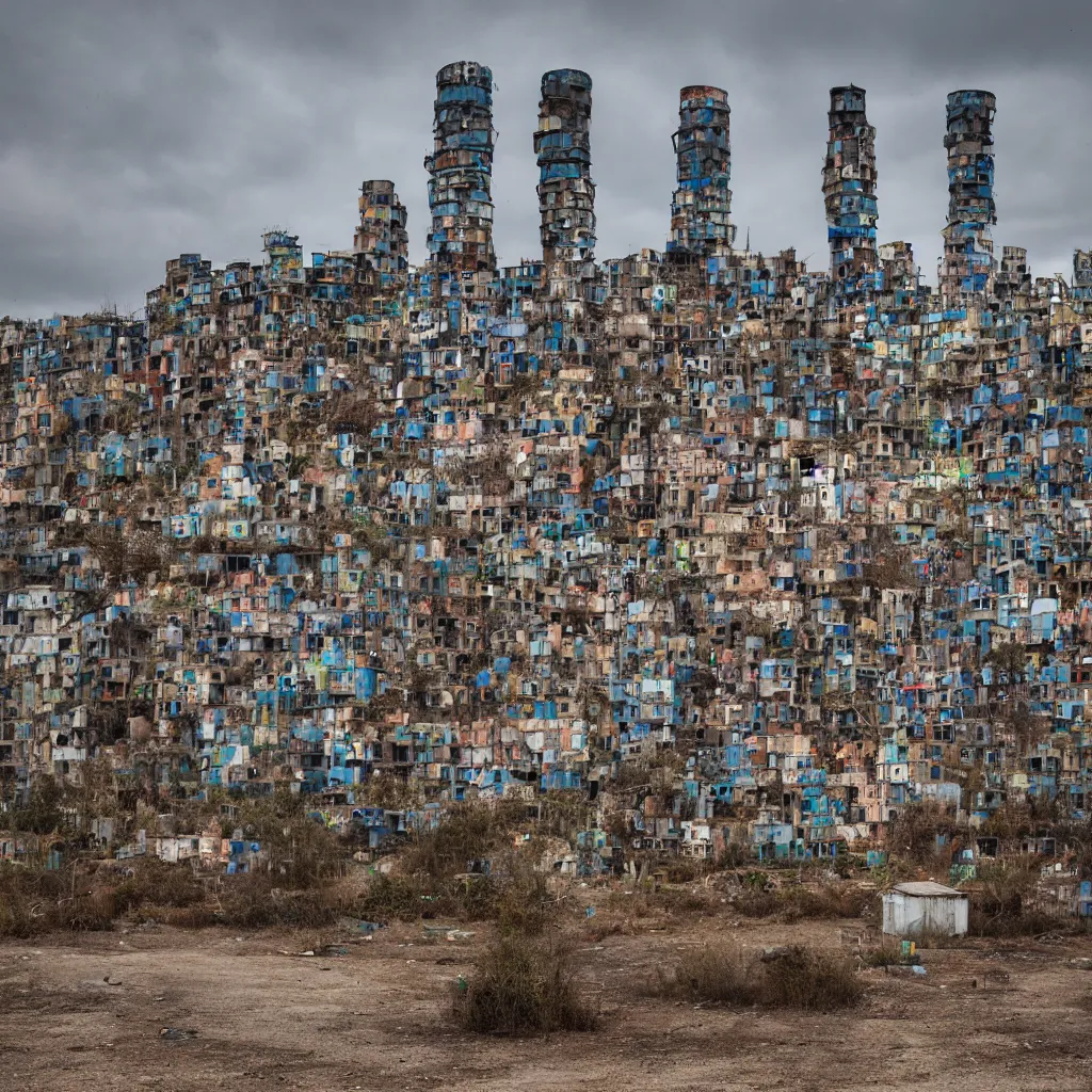 Image similar to circular towers, made up of makeshift squatter shacks with faded colours, dystopia, sony a 7 r 3, f 1 1, fully frontal view, photographed by jeanette hagglund and terry gilliam