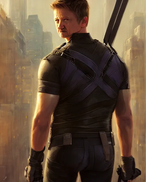 Image similar to jeremy renner as clint barton, hawkeye, perfect face, cinematic, highly detailed, cityscape, digital painting, artstation, smooth, hard focus, illustration, art by jessica rossier and and brian froud