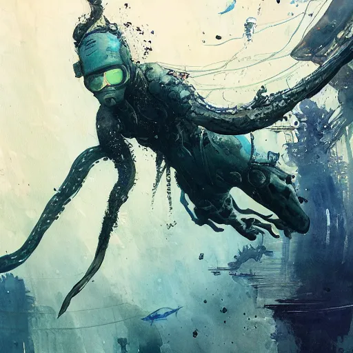 Image similar to woman diving in, an alien aquarium, kelp, coral, solar rays, cyberpunk, realistic, detailed, Industrial Scifi, paint, watercolor, in the style of Ashley Wood and Wadim Kashin
