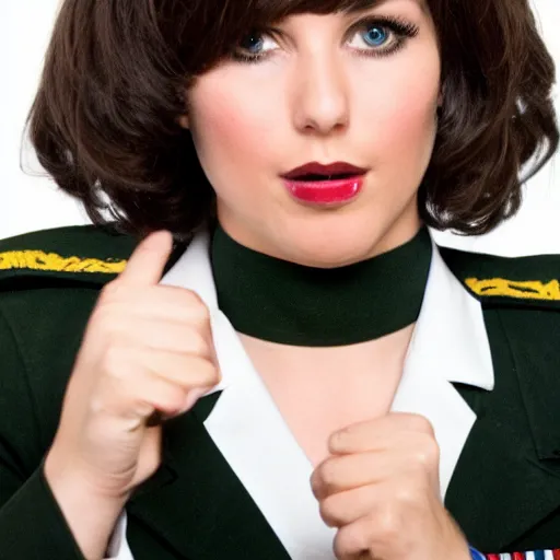 Prompt: brunette woman, short hair, flipped out hair, black military uniform, smirk, propaganda