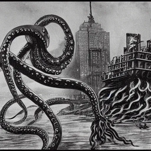 Prompt: old black and white photo, 1 9 1 3, depicting dieselpunk giant octopus attacking new york, historical record, tentacles around