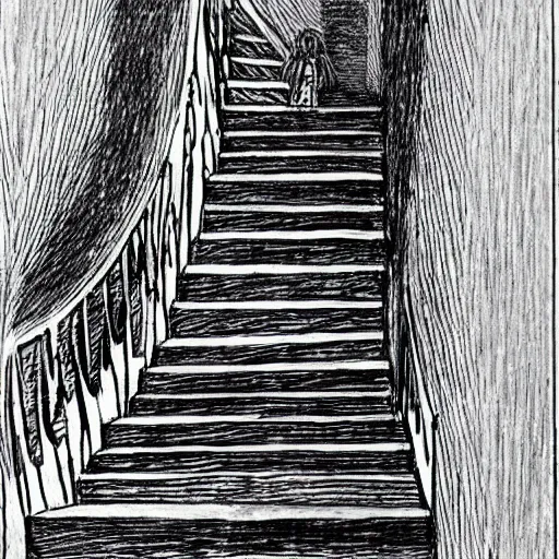 Prompt: ink drawing of an infinite staircase drawn by junji ito