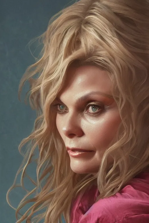 Image similar to painting of michelle pfeiffer,, ultra realistic, sharp details, subsurface scattering, intricate details, warm lighting, beautiful features, highly detailed, photorealistic, octane render, 8 k, unreal engine, art by artgerm and greg rutkowski and alphonse mucha