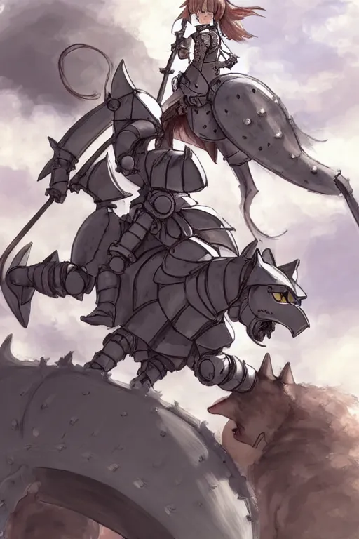 Image similar to female knight riding a heavy armored giant cat, finely detailed features, closeup at the faces, perfect art, gapmoe yandere grimdark, trending on pixiv fanbox, painted by studio ghibli, akihiko yoshida