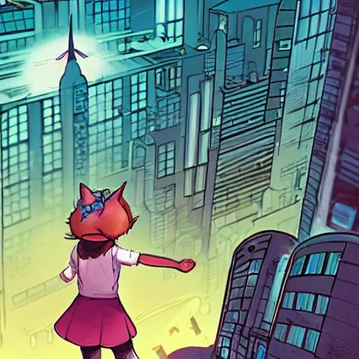 Prompt: determined 7 year - old girl with cat ears pouncing from the rooftop, futuristic skyline behind her, wide shot, highly coherent, saga comic, graphic novel, fiona staples