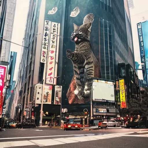 Image similar to a giant cat wrecking downtown tokyo, cinematic movie still