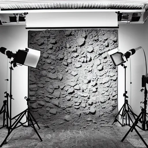 Prompt: A studio photo of a crumbling stone. Used to advertise a new camera. Hyper detailed, 8k, bright.