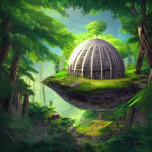 Image similar to round sci-fi building in a forested valley with birds, sense of hope, daytime, bright sky, digital art, art station, extremely detailed