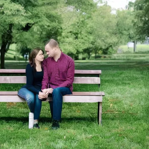 Prompt: low quality photo of a couple sitting on a bench. poor lighting, over exposure.