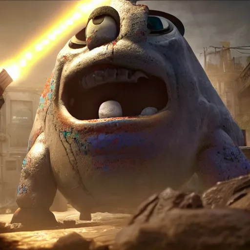 Image similar to evil large spongebob monster in gears of war, splash art, movie still, detailed face, photorealistic facial features, cinematic lighting, dramatic, octane render, long lens, shallow depth of field, bokeh, anamorphic lens flare, 8 k, hyper detailed, 3 5 mm film grain