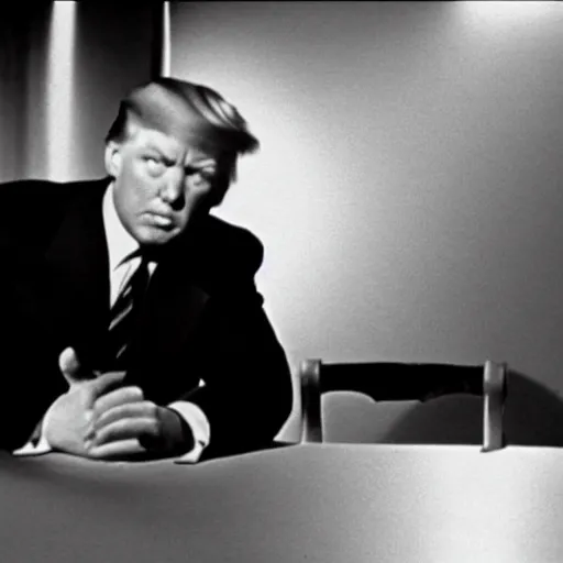 Image similar to a film still from a 1 9 4 0's film noir movie with donald trump sitting at a metal table in an dark interrogation room with a hanging light shining on him illuminating his face