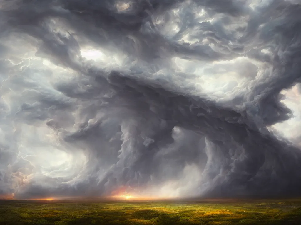 Prompt: a giant stormy rift in reality opens over a calm field in summer, award-winning, trending on artstation, oil on canvas, masterpiece, matte painting