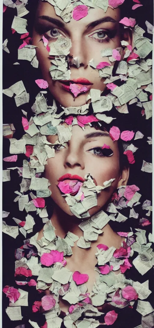 Prompt: cut and paste collage, newspaper, fashion magazine, women's faces, polaroid, grainy, film, vintage makeup, flower petals, silk