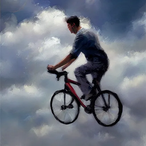 Image similar to A man riding his bicycle through the clouds in the sky, evokes feelings of wonder and amazement, an expressive oil painting by Krenz Cushart