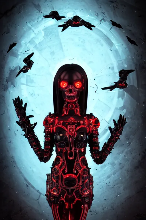 Image similar to full-body cyberpunk style sculpture of a young beautiful dark priestess, half android with a head opening exposing circuitry. glowing red eyes, black roses, flowing blood red colored silk, fabric, candles. baroque elements, human skull. full-length view. baroque element. intricate artwork by caravaggio. crows flying in background. Trending on artstation, octane render, cinematic lighting from the right, hyper realism, octane render, 8k, depth of field, 3D