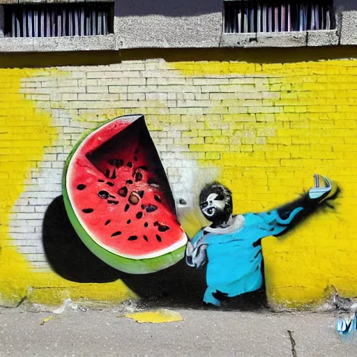 Image similar to noa kirel eats a watermelon, graffiti, photograph, made by banksy, yellow and brown colors, spray brush, midday, sunny, professional