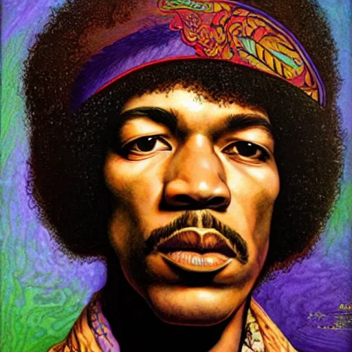 Image similar to artwork by Franklin Booth showing a portrait of Jimi Hendrix