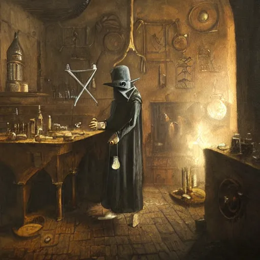 Prompt: plague doctor working in medieval alchemy laboratory, oil painting, by Greg Rutkowski