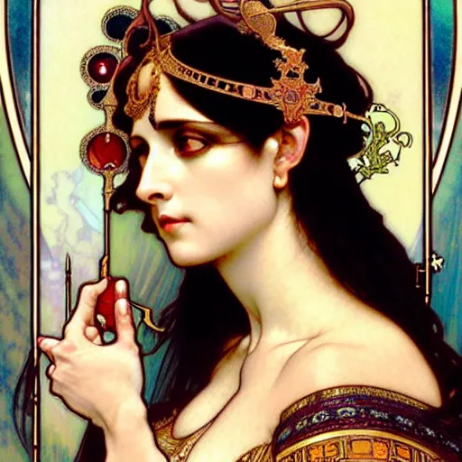 Prompt: realistic detailed face portrait of Mata Hari as Cleopatra by Alphonse Mucha, Ayami Kojima, Yoshitaka Amano, Charlie Bowater, Karol Bak, Greg Hildebrandt, Jean Delville, and Mark Brooks, Art Nouveau, Pre-Raphaelite, Neo-Gothic, gothic, Art Nouveau, intricate fine details, exquisite, rich deep moody colors, beautiful detailed background