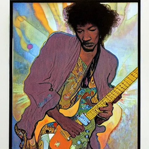 Image similar to Jimy Hendrix playing electric guitar by Alfons Mucha, masterpiece