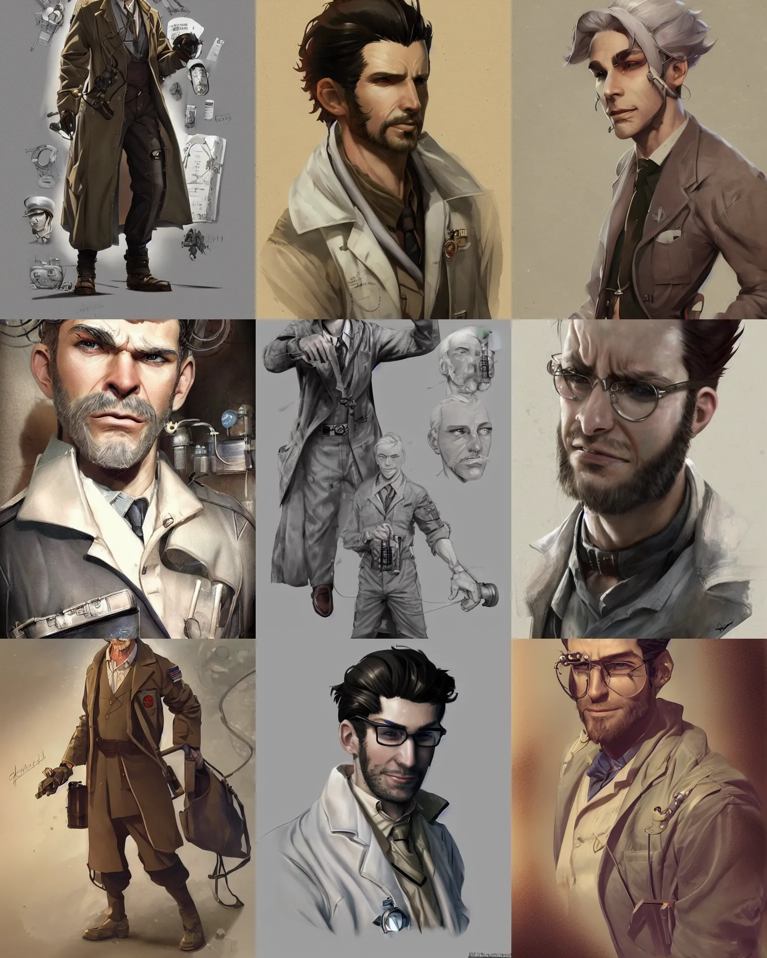 Image similar to A ruggedly handsome male dieselpunk scientist in a lab coat, stubble, visualartzi, dieselpunk, anime, concept art by Karla Ortiz, James Paick, Charlie Bowater, Krenz Cushart, highly detailed, ultra detailed, ultra realistic, trending on artstation, cgstudio